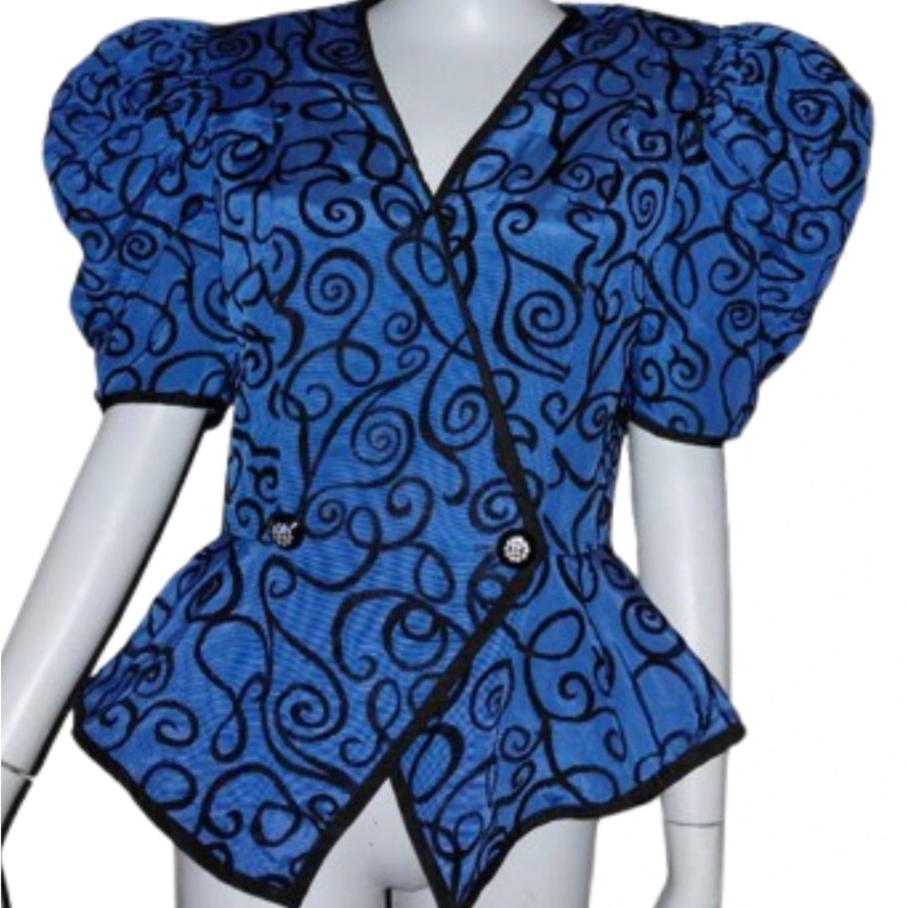 A.J. Bari Blue Puff-Sleeve Peplum Top with Black Swirl Print Size 12 EUC